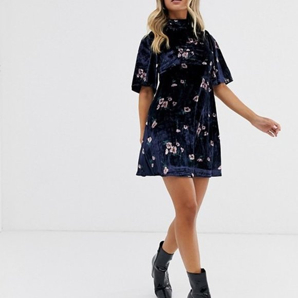 Free People BeMyBaby Navy Velvet Floral Mini Dress - Picture 3 of 5
